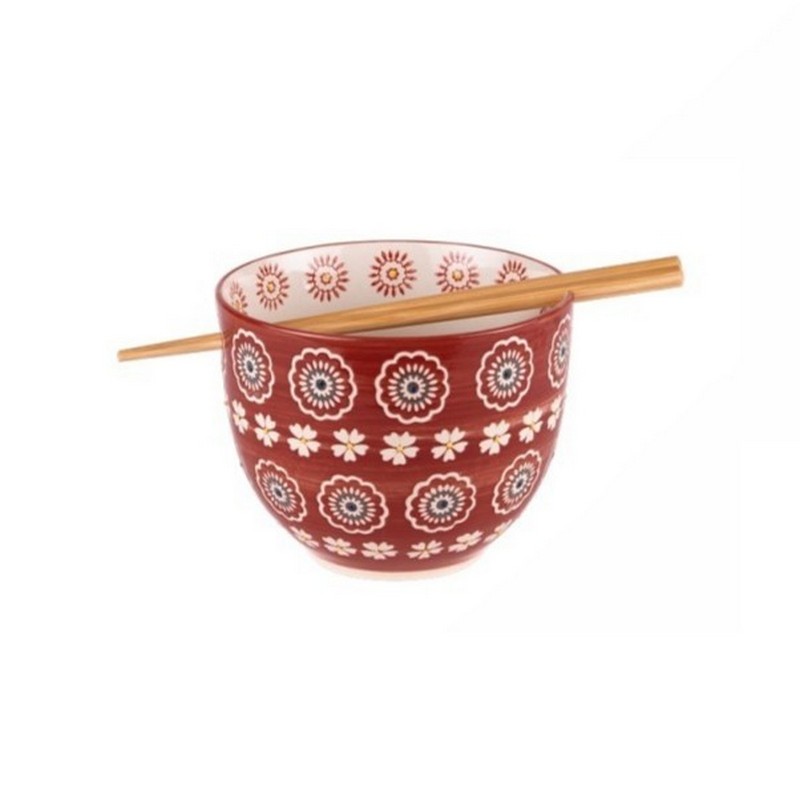 Ciotola per ramen rossa floreale in ceramica dipinta a mano con bacchette incluse